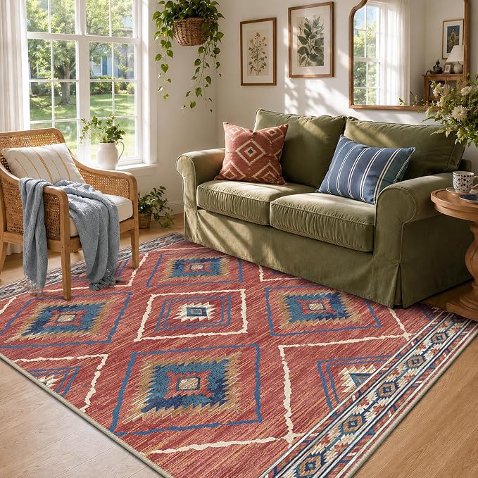 Area Rug 5x7 Rug Machine Washable Non-Slip Low Pile Print Pattern Western Rug for Living Room Bedroom Entryway Tribal Series -Red/Orange | Soft Western No Slip Low Pile Print Foldable Indoor for Kitchen Dining Room