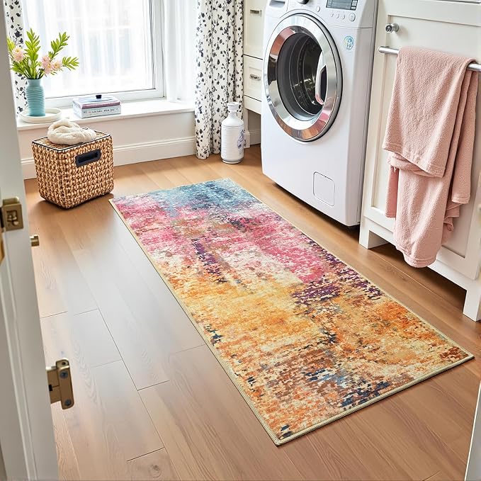 Colorful Washable Runner Rug for Bedroom, Abstract Non-Slip Soft Entryway Rugs, Modern Low Pile Stain Resistant 2x6 Carpet for Entryway, Kitchen, Hallway, Bedside