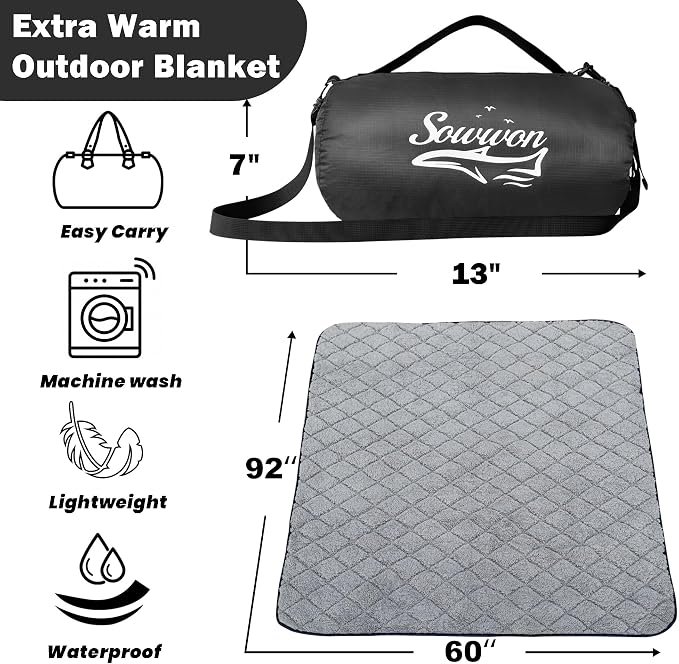 Waterproof Outdoor Blanket 92"x60" Large Sherpa Fleece 300GSM Black | Stadium Blankets for Camping, Packable, Windproof Emergency Throw for Grass Picnic Hiking Road Trip, Machine Washable