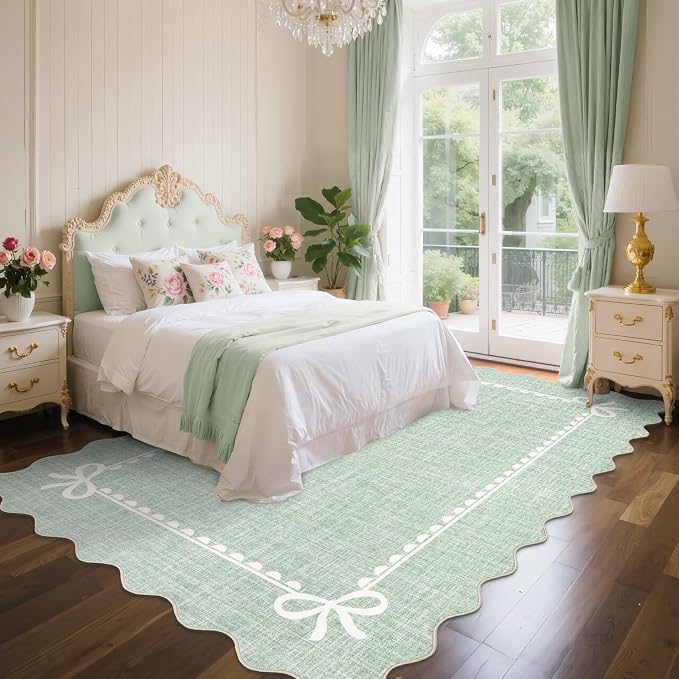 GarveeHome Scalloped Bow Rug 5x7 Washable Rugs for Living Room, Sage Green | Non Slip Soft Low Pile Indoor Carpet for Nursery Girls Bedroom Decor Hallway Kids Room College Dorm Playroom