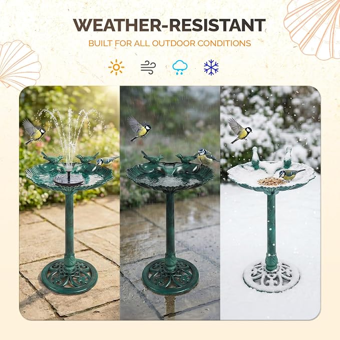 VINGLI Pedestal Bird Bath with Solar Fountain, Solar Pump Resin Birdbaths, Weather Resistant Bird Baths with Ground Stakes, Vintage Finish Garden Decor for Outdoor, Patio, Yard, Lawn(Green Shell)