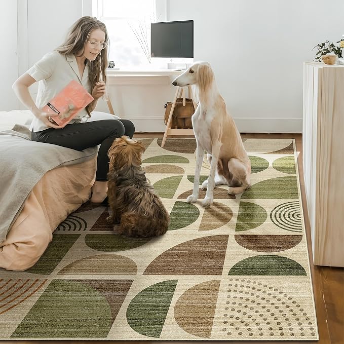 Washable Rug 8x10,Large Area Rugs Non Slip Modern Abstract | Throw Carpet for Living Room Bedroom Bedside Dining Room Boho Soft Low Pile Floor Indoor Bohemian Vintage Green and Brown