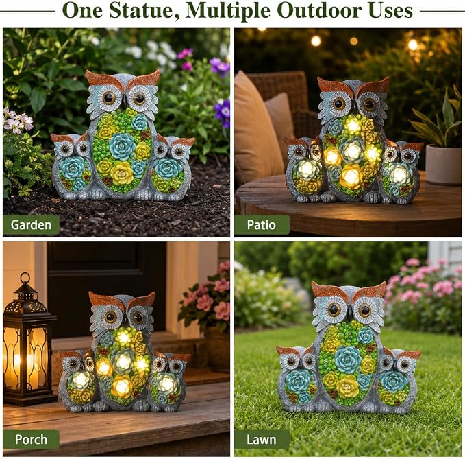 Solar Garden Statue Lights, Owl Family Decor with LED Succulent Flowers, Cute Solar Owl Figurines, Waterproof Resin Outdoor Yard Art for Patio Lawn Porch, Garden Gifts for Women Mom Grandma