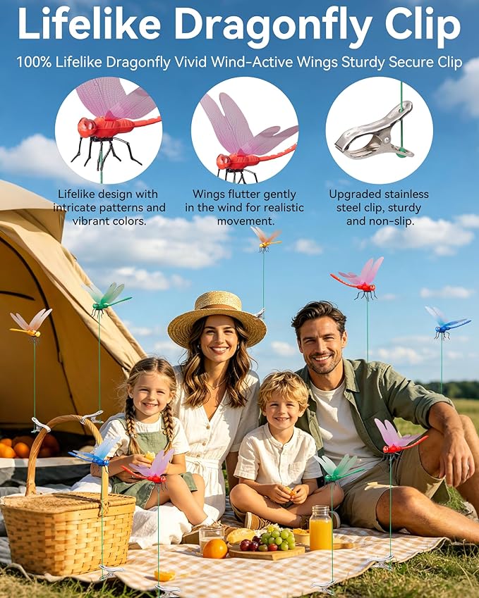 12 Pack Dragonfly Clips for Bugs Repellent, Fake Dragonflies with Stakes, Dragonfly Clip Bug Repellent, Dragon Fly Deterrent Clips for for Yard, Hat, Horse and Deer, Indoor & Outdoor Garden Decor