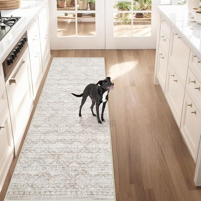 Runner Rug 2x7 Boho Geometric Area Rugs: Washable Kitchen Entryway Rug, Soft Non Slip Moroccan Long Hallway Rugs for Bedroom Bathroom Laundry Entryway Staircase Foyer(Ivory Mocha,2'x7')