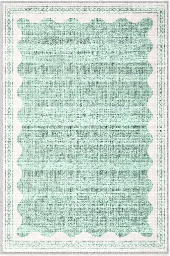 2x3 Scalloped Area Rugs Green Washable Entryway Bedroom Rug | Solid Small Area Rug Non Slip Scalloped Bath Mat, Front Door Mat Indoor Entrance,Soft Girls Nursery Dorm Carpet for Kitchen