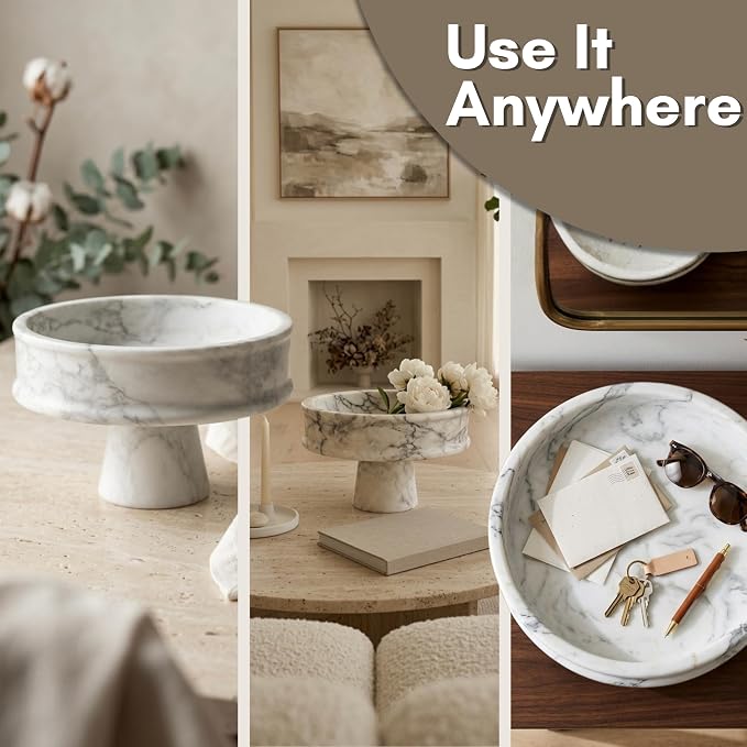 Marble Fruit Bowl for Kitchen Counter, 10" Handcrafted Natural Stone Decorative Bowl, Catch-All Key Dish, Dining Table Centerpiece, Pedestal Bowl, & Housewarming Gift (White Marble)