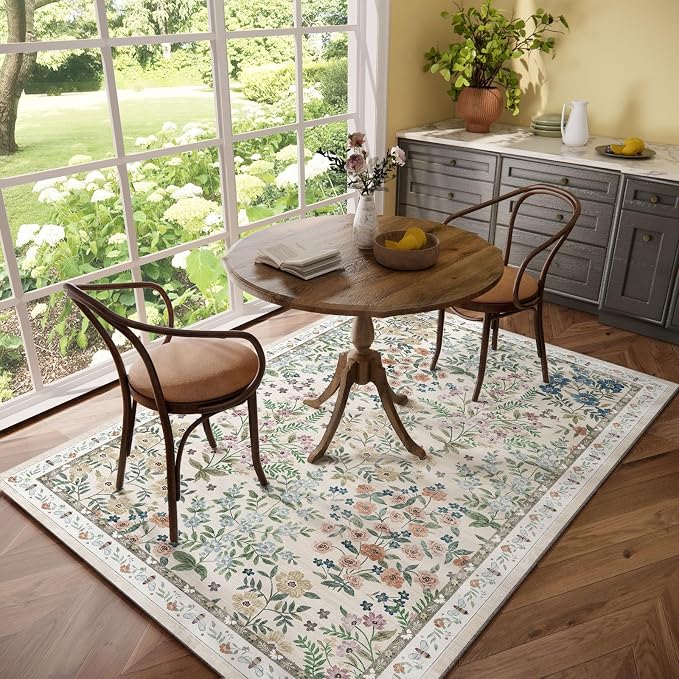Machine Washable Rugs for Living Room: 5x7 Area Rugs for Bedroom Vintage Stain Resistant Non Slip Low Pile Soft Carpet Rug for Kitchen Dining Room Farmhouse Kids Room Nursery