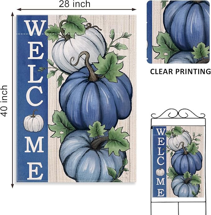 Welcome Fall Pumpkins Decorative House Flag, Autumn Blue White Pumpkin Farmhouse Garden Yard Outside Decorations, Thanksgiving Rustic Burlap Outdoor Large Home Decor Double Sided 28 x 40