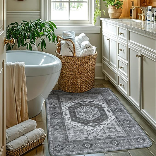 LBRO2M Machine Washable Rug Soft Pet Friendly Carpet 3X5 Dark Gray | Persian Throw Rug 3X5 for Entryway, Kitchen, Bathroom Non Slip Carpet, Foldable Stain Resistant Rugs