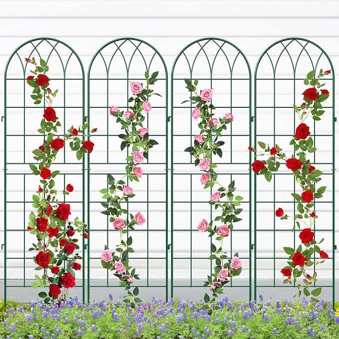 SUNYRISY 4Pack Metal Garden Trellis for Climbing Plants Outdoor, 71x20in Metal Plant Support for Flowers Tomato Cucumber Rose Vegetable Garden Courtyards Lawns Decoration, Green