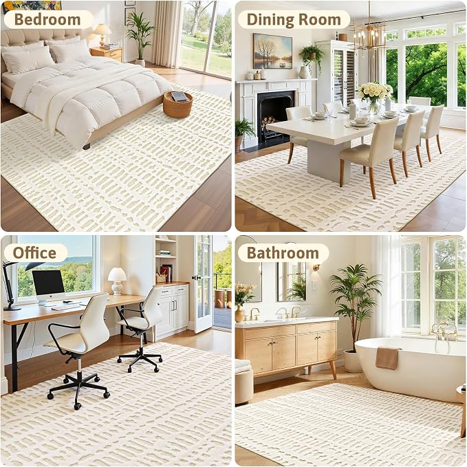 Yamaziot Washable 8x10 Area Rugs for Living Room Non Slip Ivory Beige | Modern High-Low Textured Geometric Pattern, Soft Fluffy, Neutral, Minimalist Floor Carpet for Bedroom Dining Room Kids Room