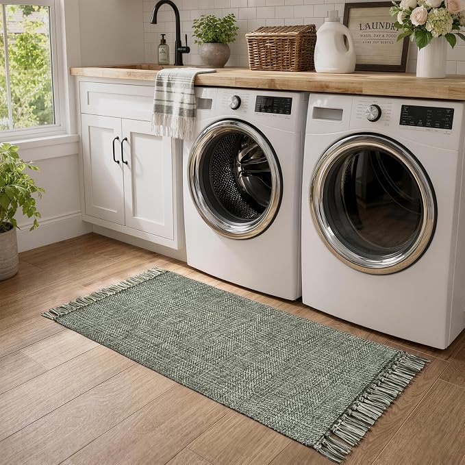 Sage Green Bathroom Runner Rug, Machine Washable Kitchen Rugs | 2'x5' Boho Hand-Woven Entryway Rugs Runners for Hallway, Modern Farmhouse Laundry Carpet Indoor Front Door Mat for Bedroom