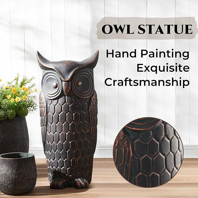 Wallowa 32 inch Faux Stone Owl Sculpture, Large Garden Ornaments, Standing Tall Statue for Indoor and Outdoor Decor, Suitable for Living Room, Entryway, Porch, Backyard, Patio, Retro Bronze Color