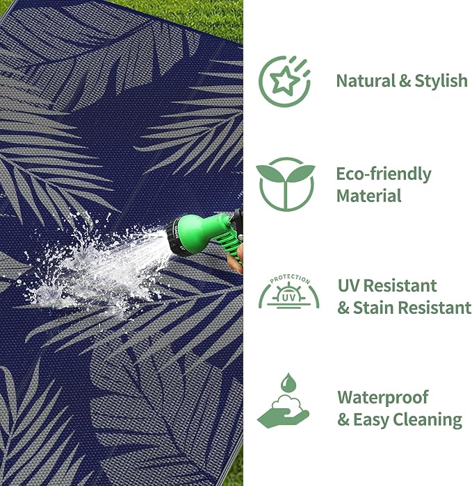 GENIMO Outdoor Rug 8' x 10' Waterproof for Patios Clearance, Reversible Outdoor Plastic Straw Camping Rug Carpet, Large Area Rugs Mats for RV, Camper, Deck, Balcony, Porch, Beach, Navy Blue&Grey