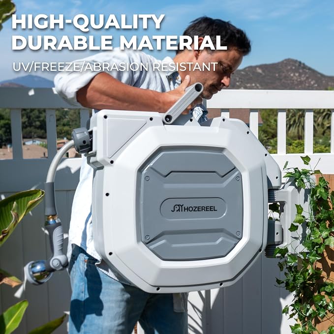 5/8" x 100 ft Heavy Duty Retractable Hose Reel, UV Resistant Garden Hose Reels - Slow Self Retract Wall Mount Hose Reel Automatic Storage, Any Length Lock 180° Swivel, 10 Pattern Nozzle Grey