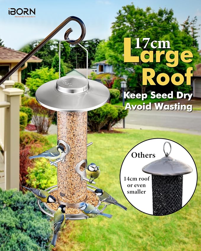 iBorn Metal Bird Feeder for Outside Hanging,Wild Bird Feeders for Cardinal,17cm Large Roof&Nickle,35CM Long,2lb Capacity 8 Ports (Seed is not Included)