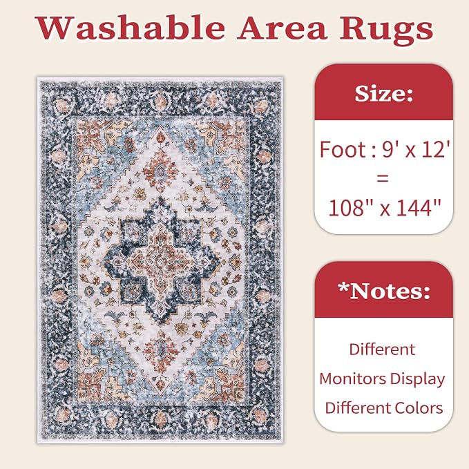 SERISSA 9x12 Washable Non Slip Boho Area Rug for Living Room，Blue Orange | Ultra Soft Vintage Oriental Carpet Low-Pile Distressed Tribal Throw Carpet for Dining Room Bedroom Dorm Office Home Decor