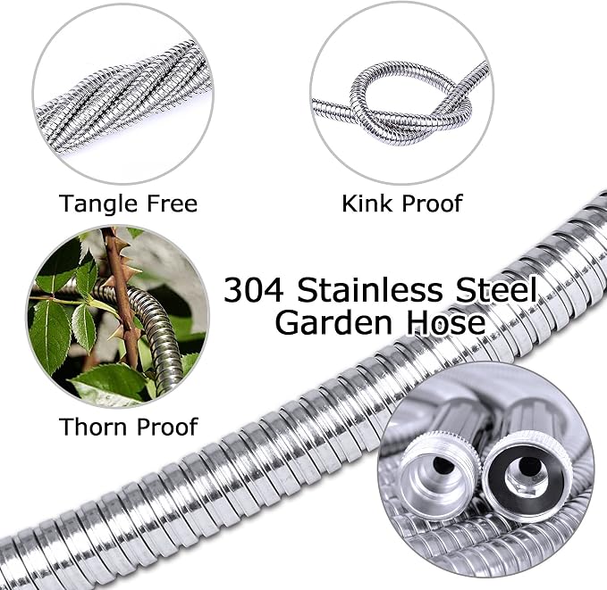 TheFitLife Flexible Metal Garden Hose - Upgrade Leak and Fray Resistant Design, Stainless Steel Water Hose with Solid Fittings and Sprayer Nozzle, Lightweight Kink Free Durable Easy Storage (50 FT)