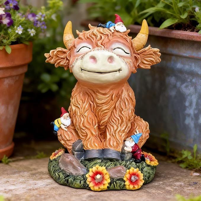 Solar Highland Cow Garden Statue with Funny Gnomes | LED Lights, Outdoor Decor, Yard Art, Gift for Mom & Grandma