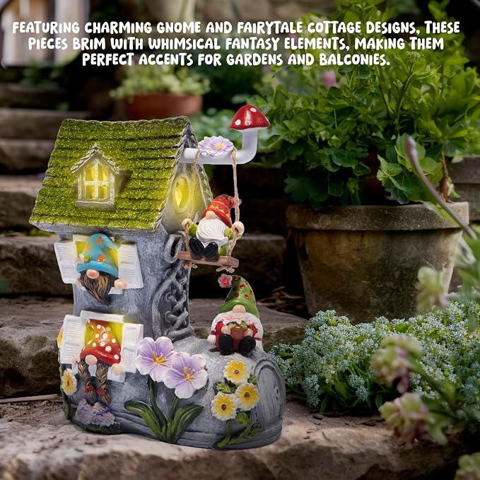 Hodao Spring Solar Gnomes Garden Decor - Whimsical Shoe House with Swinging Gnome, Hand-Painted Floral Base & Mushroom Swing for Porch, Yard, Flower Bed Garden Gifts for Women, Mom (Grey)