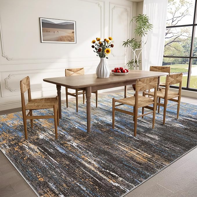 ROYHOME Modern Abstract Living Room Rug 10x13, Blue/Brown | Machine Washable Large Carpet, Non Slip Low Pile Rug, Ultra Soft Indoor Floor Carpet for Bedroom Dining Room Table Home Decor