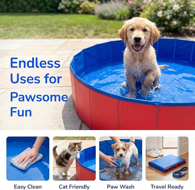 Foldable Dog Pool, 12 x 4 Inch Collapsible Pet Tub | Portable Hard Plastic Shell Wading Pool for Small Dogs, Cats, Puppies, Indoor Outdoor Bathing, Cooling & Easy Storage