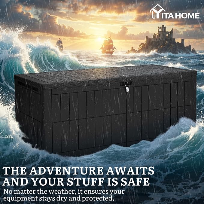 YITAHOME 240 Gallon Large Outdoor Storage Box XXL Resin Deck Box with Lock | Extra-Large Waterproof Patio Furniture Bin and 3-Person Bench Seating for Garden Tools & Pool Accessories, Black