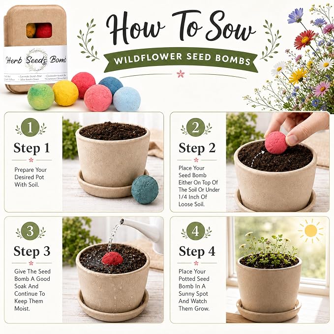 Herb Wildflower Seed Ball - 6 Seed Bombs in Gift Box, 6 Herb Seeds (Basil, Parsley, Cilantro, Chives, Lav, Mint), Beginner-Friendly No Dig Gardening, Easter Gardening Gift Set for Women Mom Her