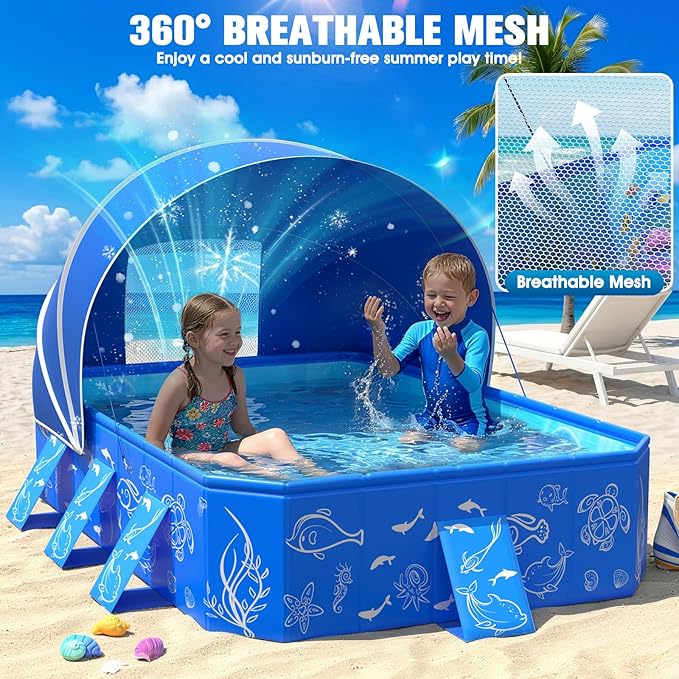 Foldable Kiddie Pool with Canopy Toddler Swimming Pool 53*40*33IN | Foldable Kiddie Pool With Removable Canopy，Delicate Sea-Life Pattern, 0.4mm Thickness Robust Build Pop Up Baby Pool