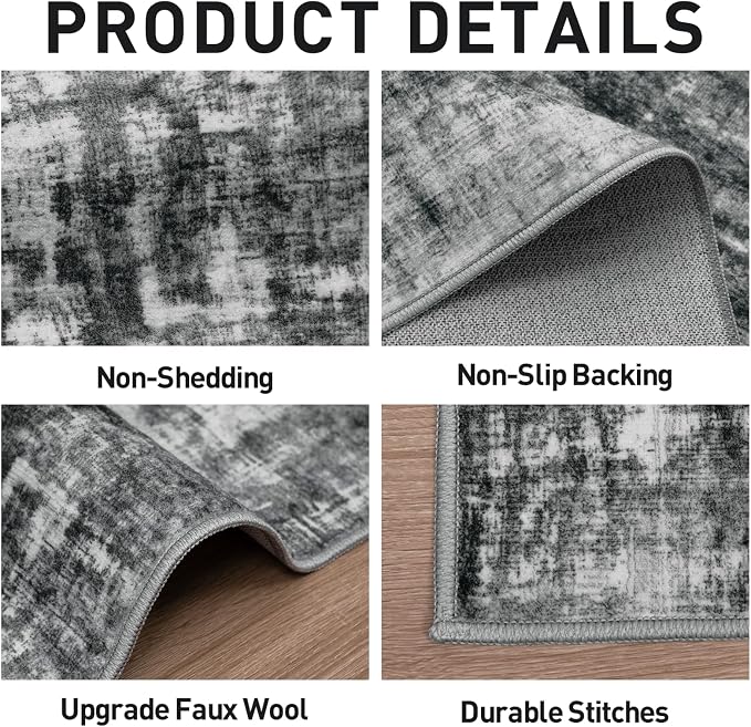 9x12 Area Rugs for Living Room: Washable Abstract Black Badroom Carpet | Non-slip TPE backing makes this washable soft low-pile rug safe & durable, Pet-friendly decor for dining room,nursery,office