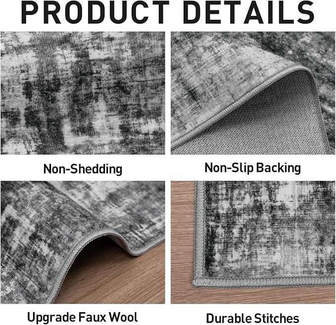 5x7 Area Rugs for Living Room: Washable Abstract Black Badroom Carpet | Non-slip TPE backing makes this washable soft low-pile rug safe & durable, Pet-friendly decor for dining room,nursery,office