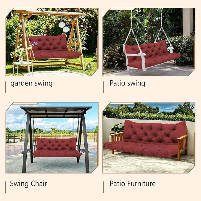 Durable Extra 5" Thick Waterproof Porch Swing Cushions Outdoor 60 inch Fade-Resistant Swing Bench Cushions 3 Seater Replacement with Backrest for Outdoor Patio Backyard Furniture(Wine Red)