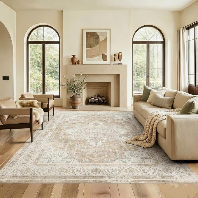 8x10 Area Rug Vintage Washable Rugs for Living Room Bedroom Nursery | Farmhouse Boho Floral Neutral Washable Stain Resistant Indoor Carpet for Bedroom Office and Home Decor(Beige&Brown)