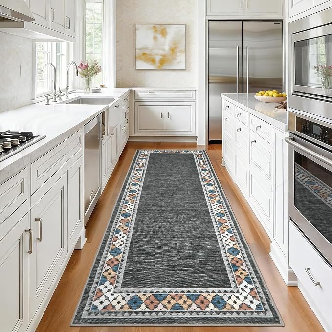 Garvee 2x6 Tribal Border Kitchen Rugs Washable Rugs for Hallway, Dark Gray | Floral Border Area Rug Stain Resistant Easy Cleaning Throw Rugs Low Pile Floor Cover for Bedroom Laundry