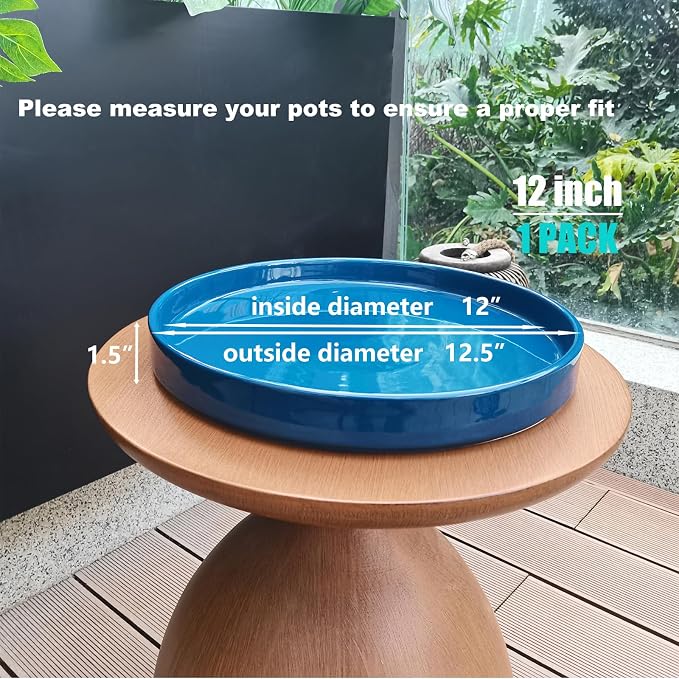 Blue Ceramic Pot Saucer - Drainage Tray for Indoor and Outdoor Flower Plant Pots and Planters, 12 Inch
