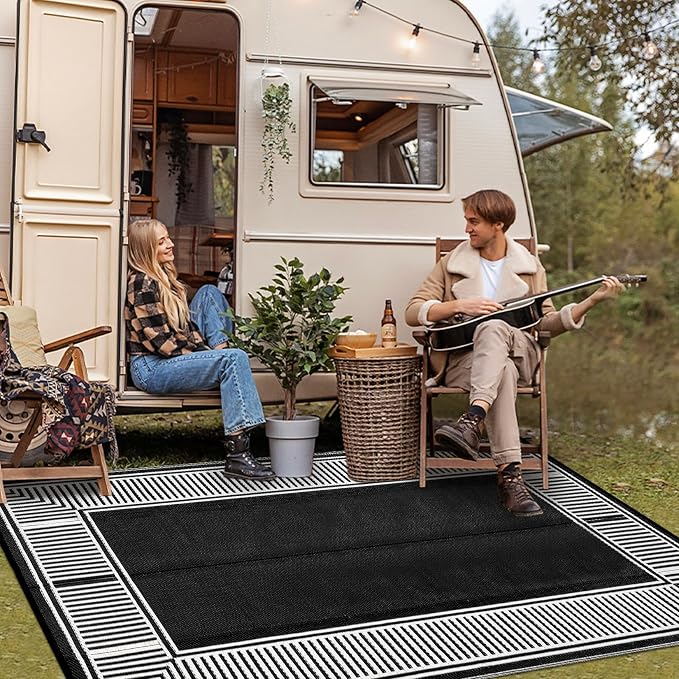 9x12 Outdoor Rug Waterproof Foldable Plastic Straw Carpet for Patio Porch Modern Striped Reversible Mat Border Lightweight Floor Mat for Picnic, Rv, Beach, Deck, Camper, Balcony，Black/White