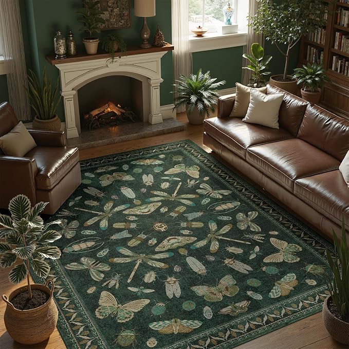 DCX 5x7 Washable Bug Rug for Living Room, Soft Low Pile Rug, Dark Green | Easy to clean, non-shedding, soft, kid & pet friendly, with a non-slip rubber backing for bedrooms, and nature-themed decor