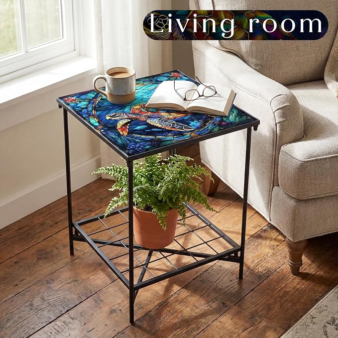 Cinnvoice Outdoor Side Table 2-Tier Storage Square Small Mosaic Patio Accent Indoor End Plant Coffee Tea Table for Yard Patio Porch Garden Living Room, Bedroom(Turtle Style)