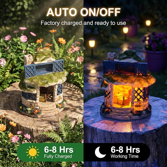 COWOS 2-Tier Fairy Garden Stone Cottage, Resin Moss House with Lattice Windows, Outdoor Patio Yard Decor, Landscape Ornament for DIY Fairy Garden & Bonsai