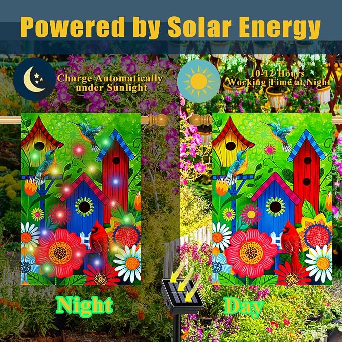 Welcome Lighted birds house large garden flags 28X40 double sided solar | lawn home spring decoration,Vibrant colors, soft polyester