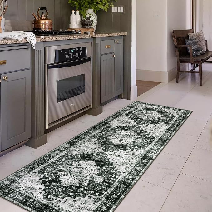 Moynesa Washable Black and White Runner Rug - 2x6 Bathroom Runner with Rubber Backing, Hallway Boho Non-Slip Non-Shedding Low Pile Accent Carpet for Laundry Room Entryway