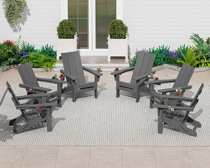 SERWALL Outdoor HDPE Modern Adirondack Chair，Folding Adirondack Chair with Cup Holders, All Weather Resistant Fire Pit Chair, Gray