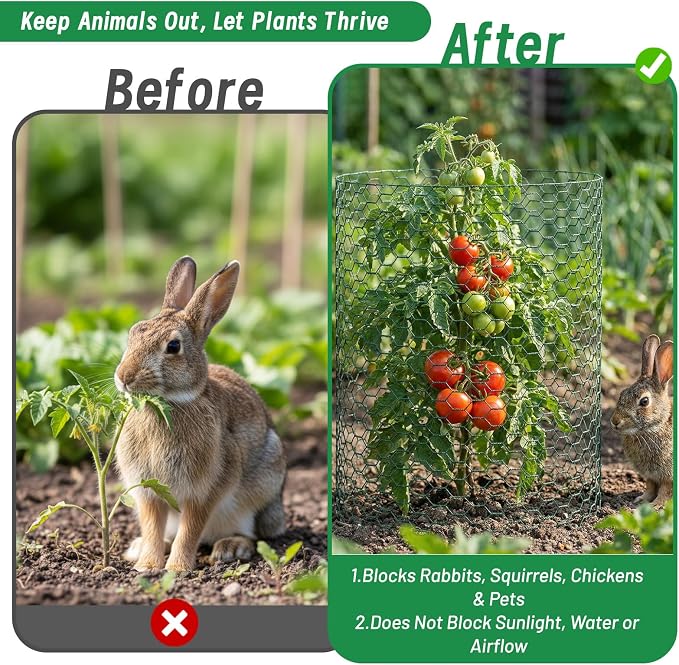 Plant Protectors from Animals, 16.4 x 16In Green PVC Coated Galvanized Chicken Wire Mesh Roll, 0.8mm Free-Cut Plant Cage with Ties, Stakes, Gloves, Pliers & Floral Wire (16.4Ft*20In)