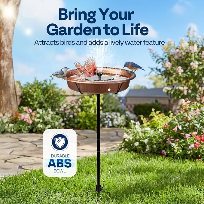 VIVOHOME Oval Bird Bath with Solar Fountain for Outside, Weather-Resistant ABS Birdbath Bowl with Solar Powered Pump, Metal Ground Stake for Outdoor, Garden, 1.3 Gallons, Bronze