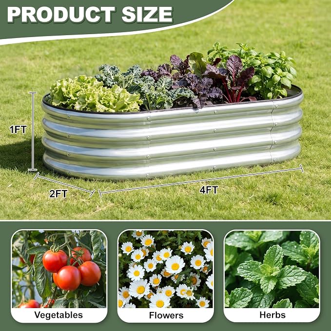 1MORE Galvanized Raised Garden Bed- Planter Garden Boxes Outdoor, Raised Beds for Gardening, 4x2x1ft Metal Garden Bed Kit for Vegetables Flower, Planter Raised Beds with Tools.Silver-2pack