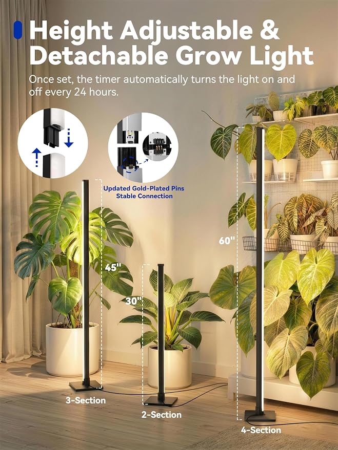 GLOWRIUM Grow Lights for Indoor Plants, 36W Vertical Plant Grow Lights with Auto-Timer, Full Spectrum LED Standing Plant Grow Light, 3 Light Modes, 6-Level Dimmable (60in)