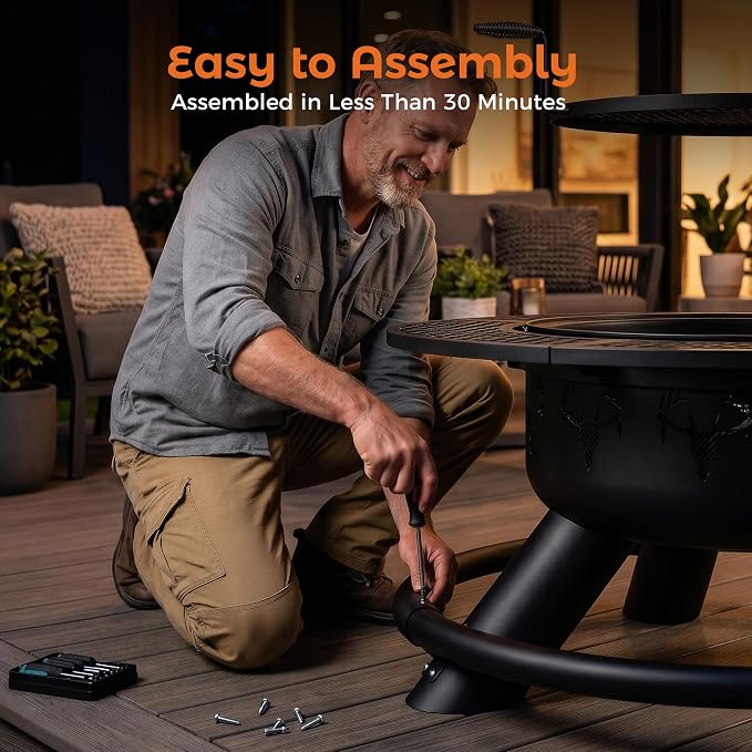 BALI OUTDOORS Fire Pit with Poker, Outdoor Fire Pit Extra Large, Wood Burning Firepits for Outside with Grill, 47 inch