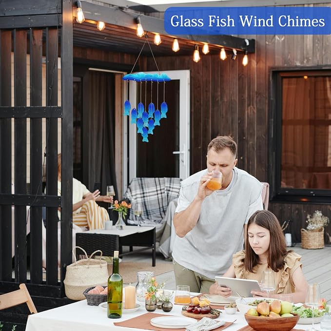 Sea Glass Fish Wind Chimes for Outside, Windchimes Outdoors Unique, Patio Beach Outdoor Home Garden Decor, Windchimes Outdoors, Memorial Garden Christmas Decoration Gifts