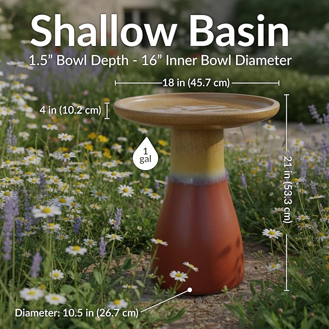 Sunnydaze 21" H Ceramic Bird Bath for Outside - Hand-Painted Outdoor Bird Bath Bowl, UV/Frost-Resistant Finish - Lemon Cognac